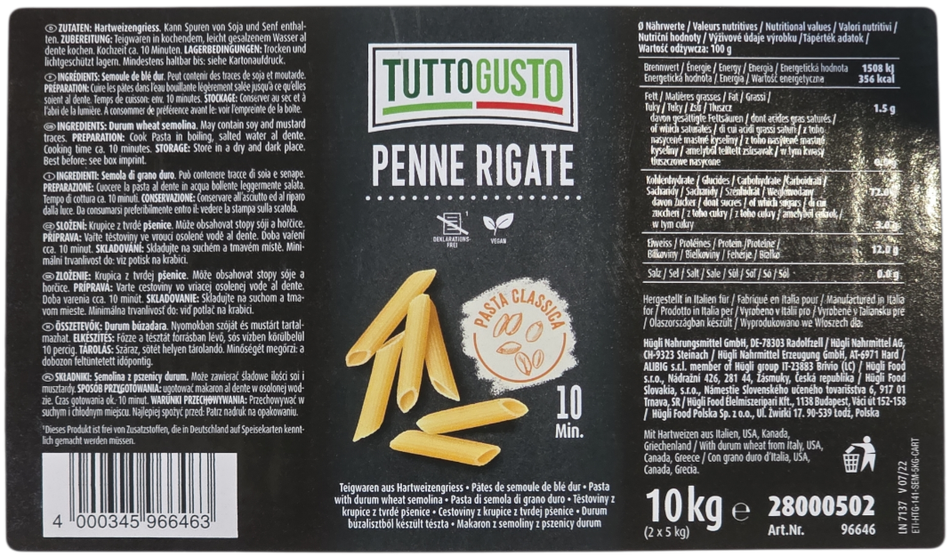 Penne durum 2 X 5 kg TUTTO GUSTO HÜGLI