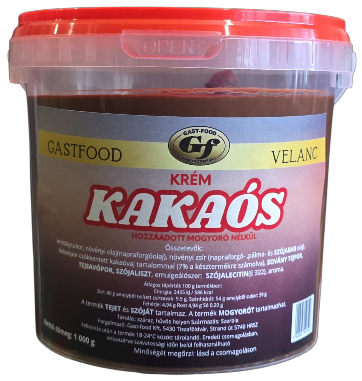 Velanc kakaós krém hozzáadott mogyoró nélkül  1.000 g