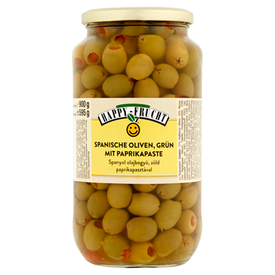 Olívabogyó zöld paprikával töltve 595/900 g HAPPY FRUCHT